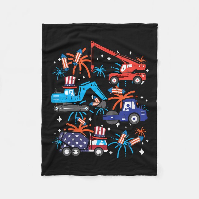 Kids 4th July Construction Trucks Vehicle Patriot  Fleece Blanket (Front)