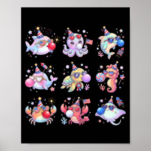 Kids 4th Of July Birthday Cute Sea Animals Usa Poster