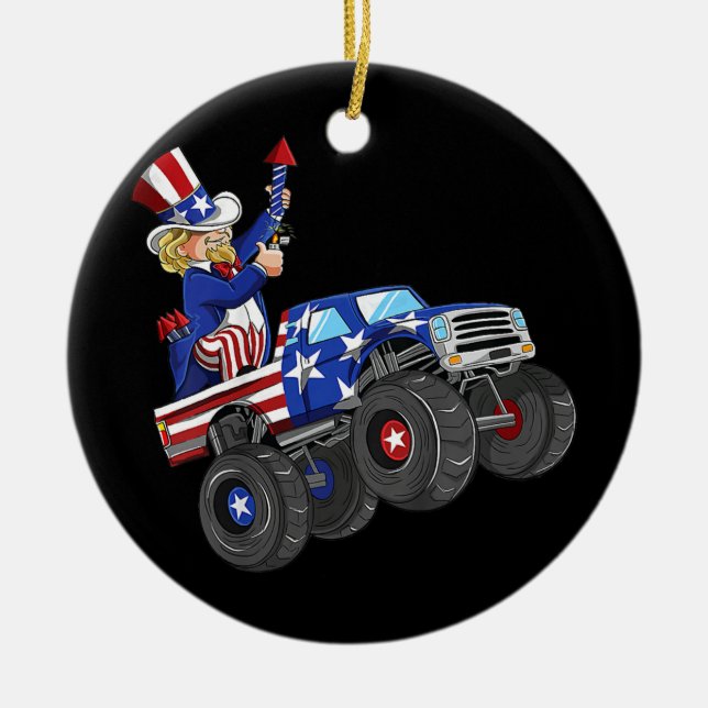 Kids 4th Of July Uncle Sam Monster Truck Ceramic Ornament (Front)