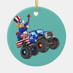 Kids 4th Of July Uncle Sam Monster Truck Ceramic Ornament