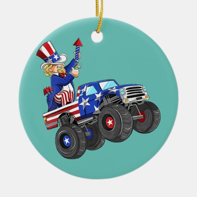 Kids 4th Of July Uncle Sam Monster Truck Ceramic Ornament (Front)