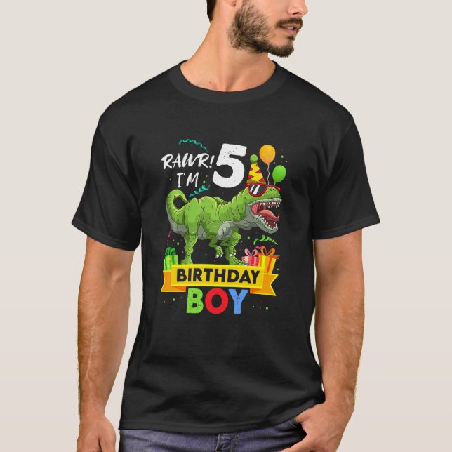 Kids 5 Birthday Boy 5 Year Old Dinosaur Rex 5th Bi T-Shirt (Front)