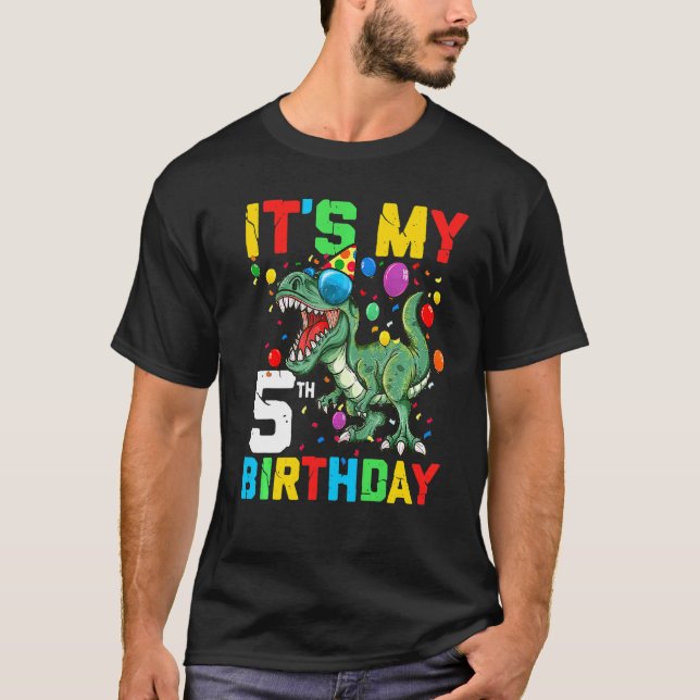 Kids 5 Year Dinosaur It's My 5th Birthday Happy Re T-Shirt (Front)