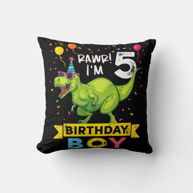 Kids 5 Year Old  5th Birthday Boy T Rex Dinosaur  Cushion (Front)