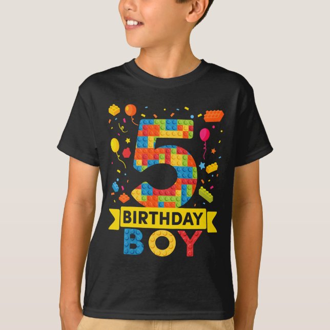 Kids 5 Year Old Building Blocks Birthday Boy T-Shirt (Front)