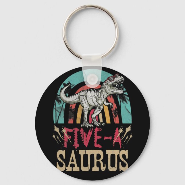 Kids 5 Year Old Dinosaur Birthday 5th T Rex Dino Key Ring (Front)