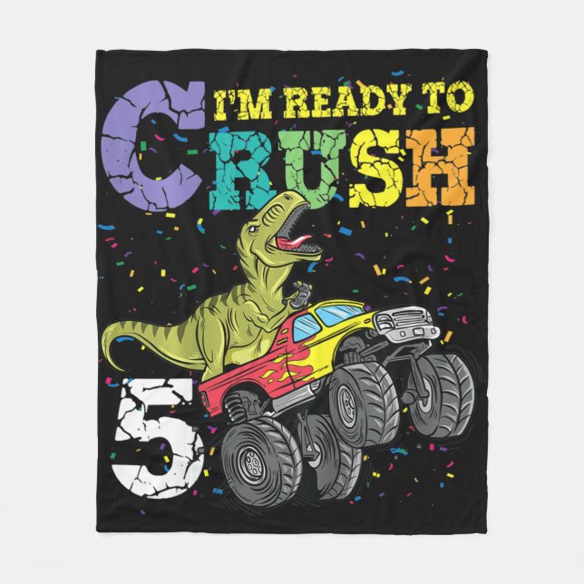 Kids 5 Years Old 5th Birthday Dinosaur Trex  boy g Fleece Blanket (Front)