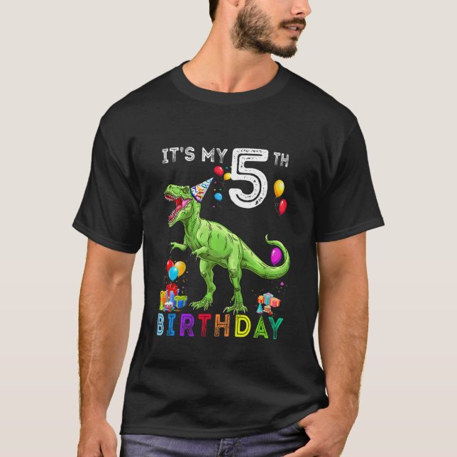 Kids 5th Birthday   5 Year Old   Boy Dino Rex Dino T-Shirt (Front)