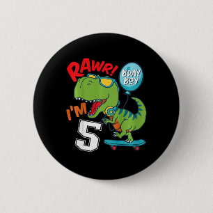Kids 5th Birthday 5 Year Old Boy T-rex Skateboardi 6 Cm Round Badge