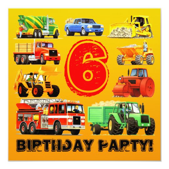 Kid's 6th Birthday Custom Construction Truck Party Card
