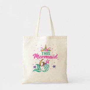 Kids 6th Birthday Girl Unicorn Mermaid Tail 6 Year Tote Bag