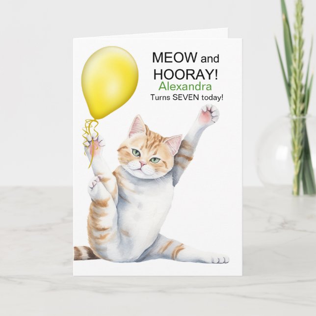 Kids 7th Birthday Cute Cartoon Cat with Name Card (Front)