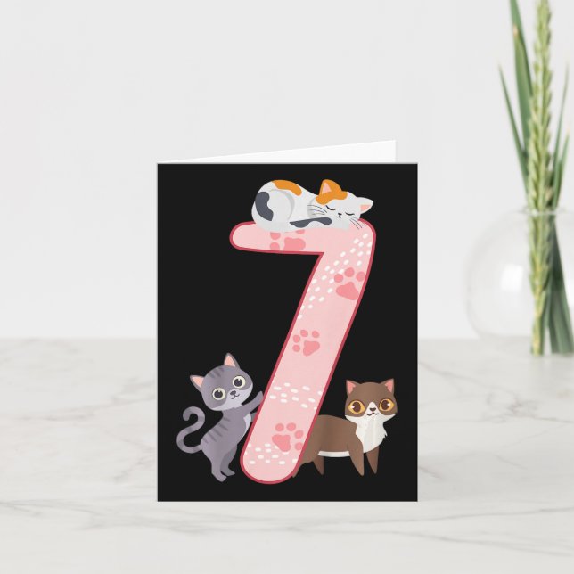 Kids 7th Birthday Girl Cats Outfit 7 Years Old  Card (Front)