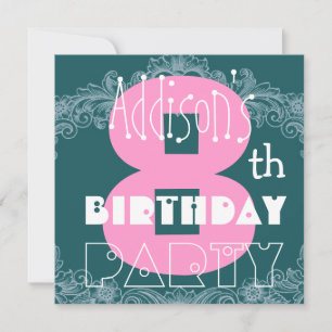 Kid's 8th Birthday Custom Name Modern Pink Teal Invitation