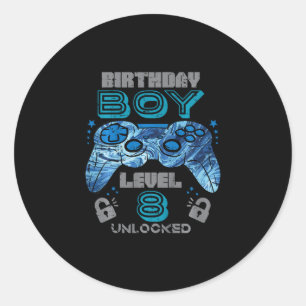 Kids 8th Birthday Gamer Level 8 Unlocked Video Gam Classic Round Sticker