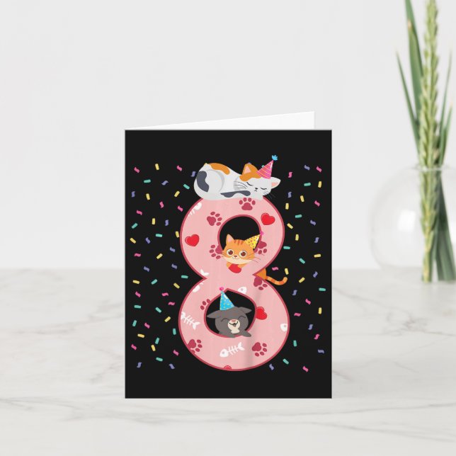Kids 8th Birthday Girl Cute Cat Outfit 8 Years Old Card (Front)