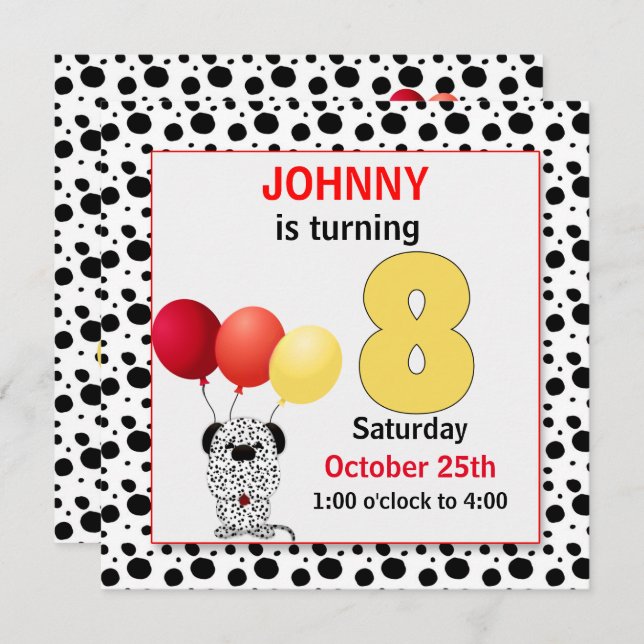 Kid's 8th Birthday Red and Yellow Dalmatian Invita Invitation (Front/Back)