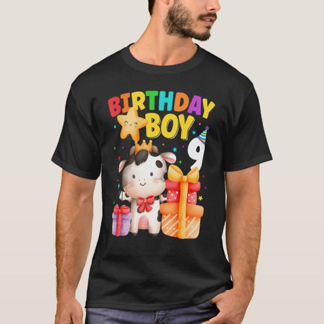 Kids 9 Year Old Birthday Boy 9th Cow Farm Animals  T-Shirt (Front)