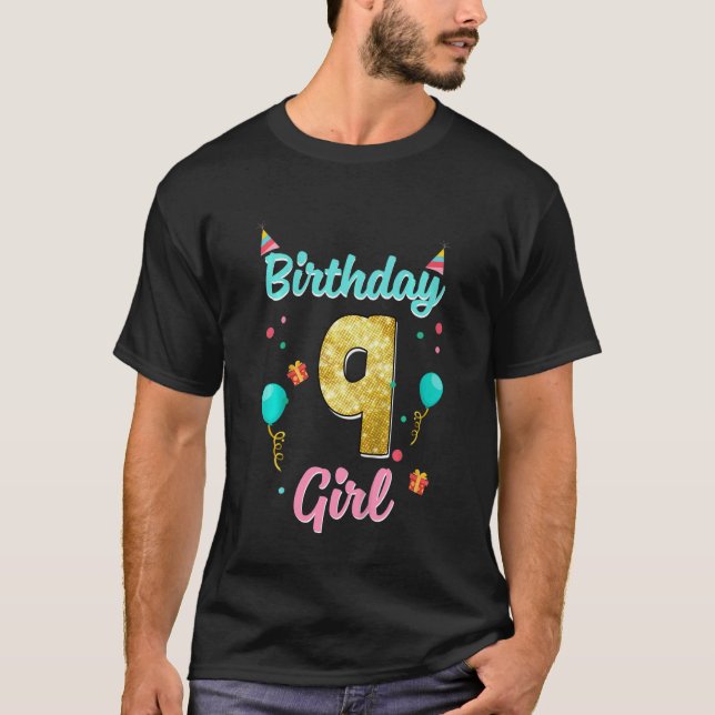 Kids 9 Year Old  Happy 9th Birthday Girl  Party T-Shirt (Front)