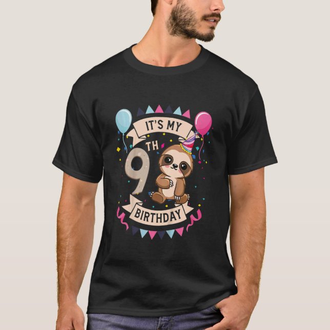 Kids 9 Year Old Sloth Girl 9th Birthday Party Cute T-Shirt (Front)