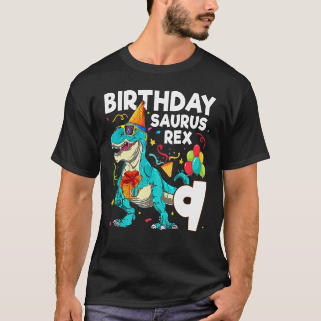 Kids 9 Years Old Boy And Girl 9th Birthday Dinosau T-Shirt (Front)