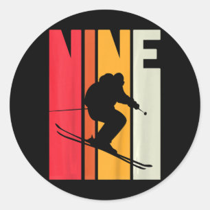 Kids 9th Birthday Boy Retro Ski Lover Skier 9 Year Classic Round Sticker