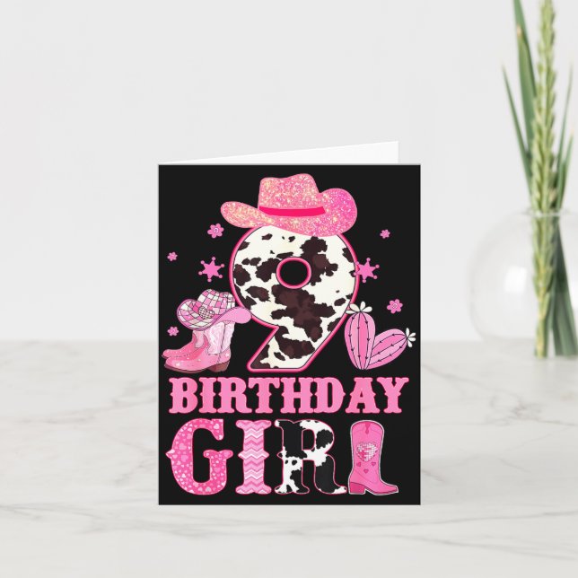 Kids 9th Birthday Girl Rodeo Western Cowgirl Birth Card (Front)