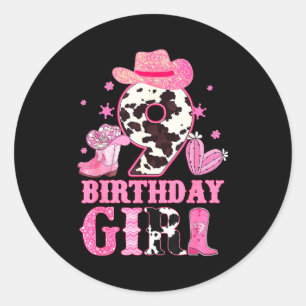 Kids 9th Birthday Girl Rodeo Western Cowgirl Birth Classic Round Sticker