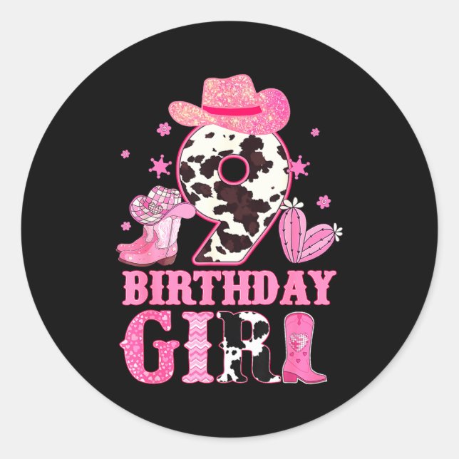 Kids 9th Birthday Girl Rodeo Western Cowgirl Birth Classic Round Sticker (Front)