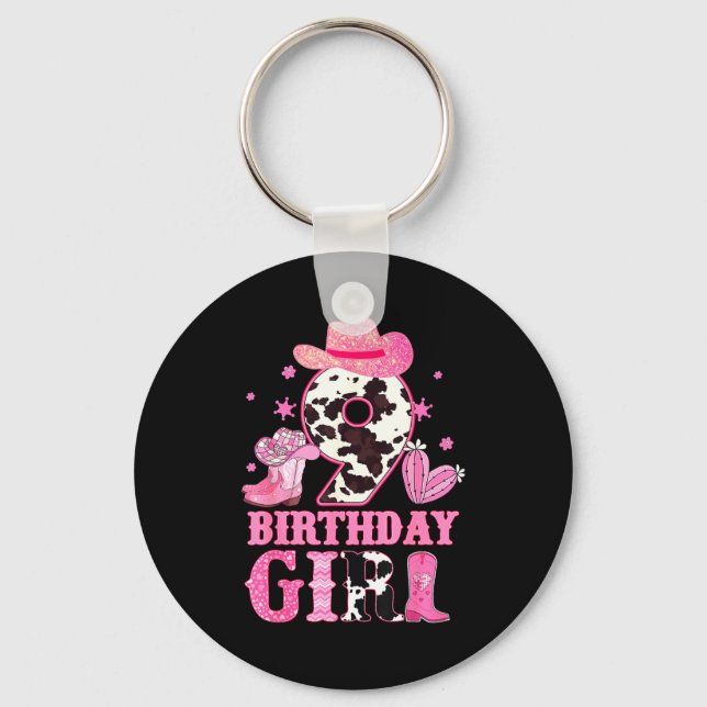 Kids 9th Birthday Girl Rodeo Western Cowgirl Birth Key Ring (Front)