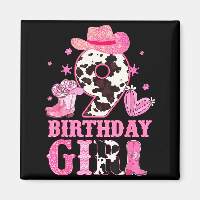 Kids 9th Birthday Girl Rodeo Western Cowgirl Birth Magnet (Front)