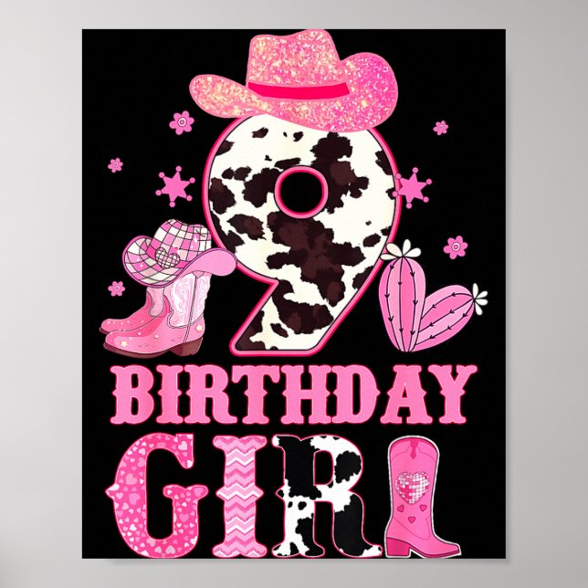 Kids 9th Birthday Girl Rodeo Western Cowgirl Birth Poster (Front)