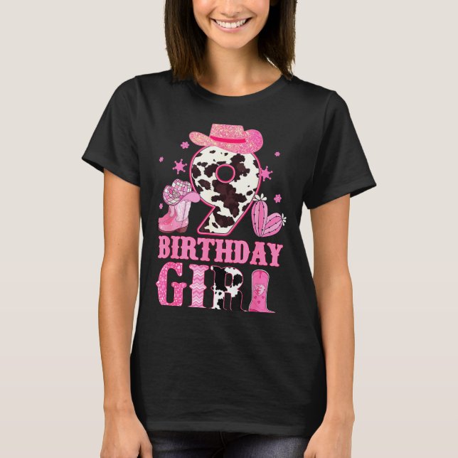 Kids 9th Birthday Girl Rodeo Western Cowgirl Birth T-Shirt (Front)