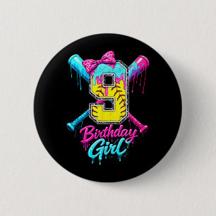 Kids 9th Birthday Girl Softball Ice Cream Drip 6 Cm Round Badge