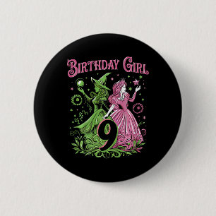 Kids 9th Birthday Witch Pink And Green 9 Years Old 6 Cm Round Badge