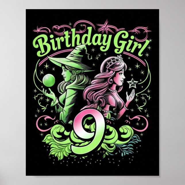 Kids 9th Birthday Witch Pink And Green 9 Years Old Poster (Front)