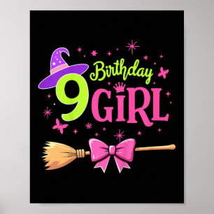 Kids 9th Birthday Witch Pink And Green 9 Years Old Poster