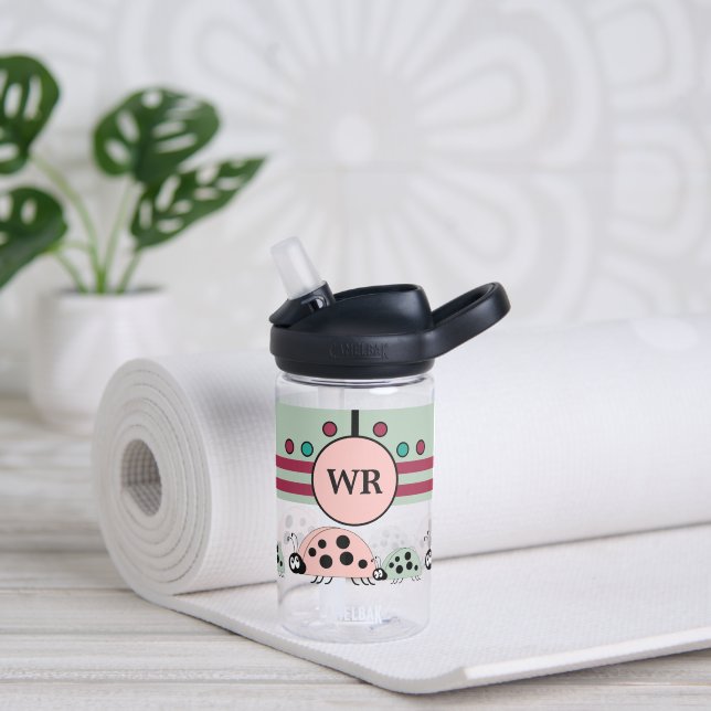 Kids add initials ladybugs pink green water bottle (Yoga)