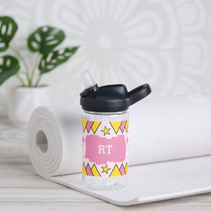 Kids add initials stars triangles pink yellow water bottle