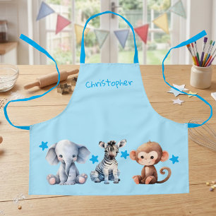 Kid's add name cute animals stars blue apron