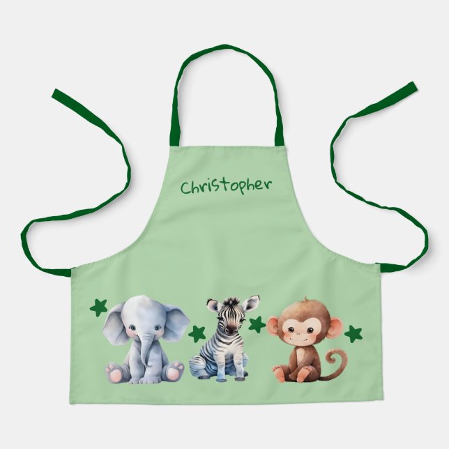 Kid's add name cute animals stars green apron (Front)