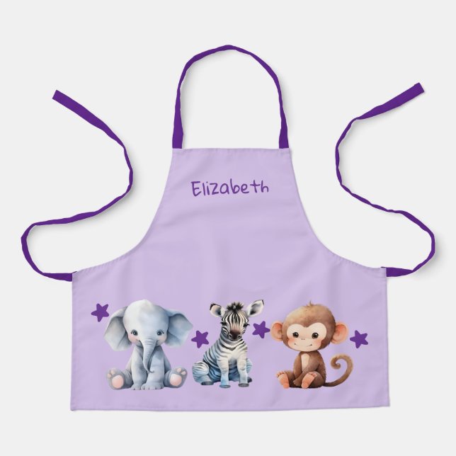 Kid's add name cute animals stars purple apron (Front)