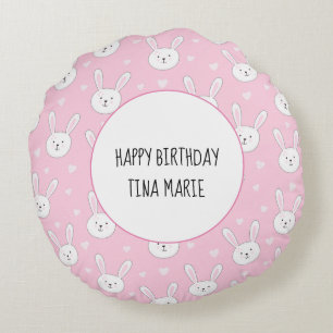 Kids Adorable Bunny Rabbit Easter Pink Hearts Round Cushion