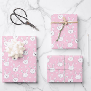 Kids Adorable Bunny Rabbit Easter Pink Hearts Wrapping Paper Sheet