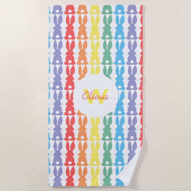 Kids Adorable Personalised Rainbow Bunny Pattern Beach Towel (Front)