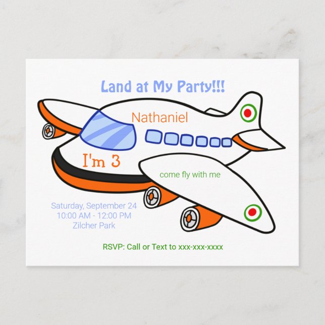 Kids Aeroplane Land at My Birthday Party Invitatio Invitation Postcard (Front)