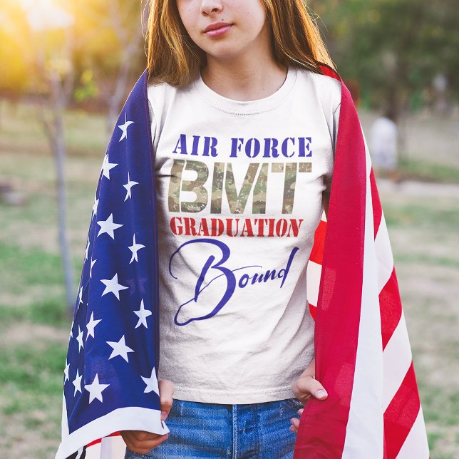 Kids Air Force BMT Graduation Bound Front Back T-Shirt (Youth size Air Force BMT Graduation Bound t-shirt for boys and girls, basic military training, camo)