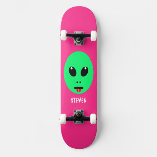 Kids Alien Head Green Pink Personalised Name Skateboard