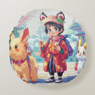  Kids and Puppies Celebrating Friendship and Succe Round Cushion
