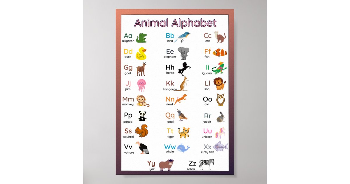 Kids Animal Alphabet Wall Chart Poster | Zazzle